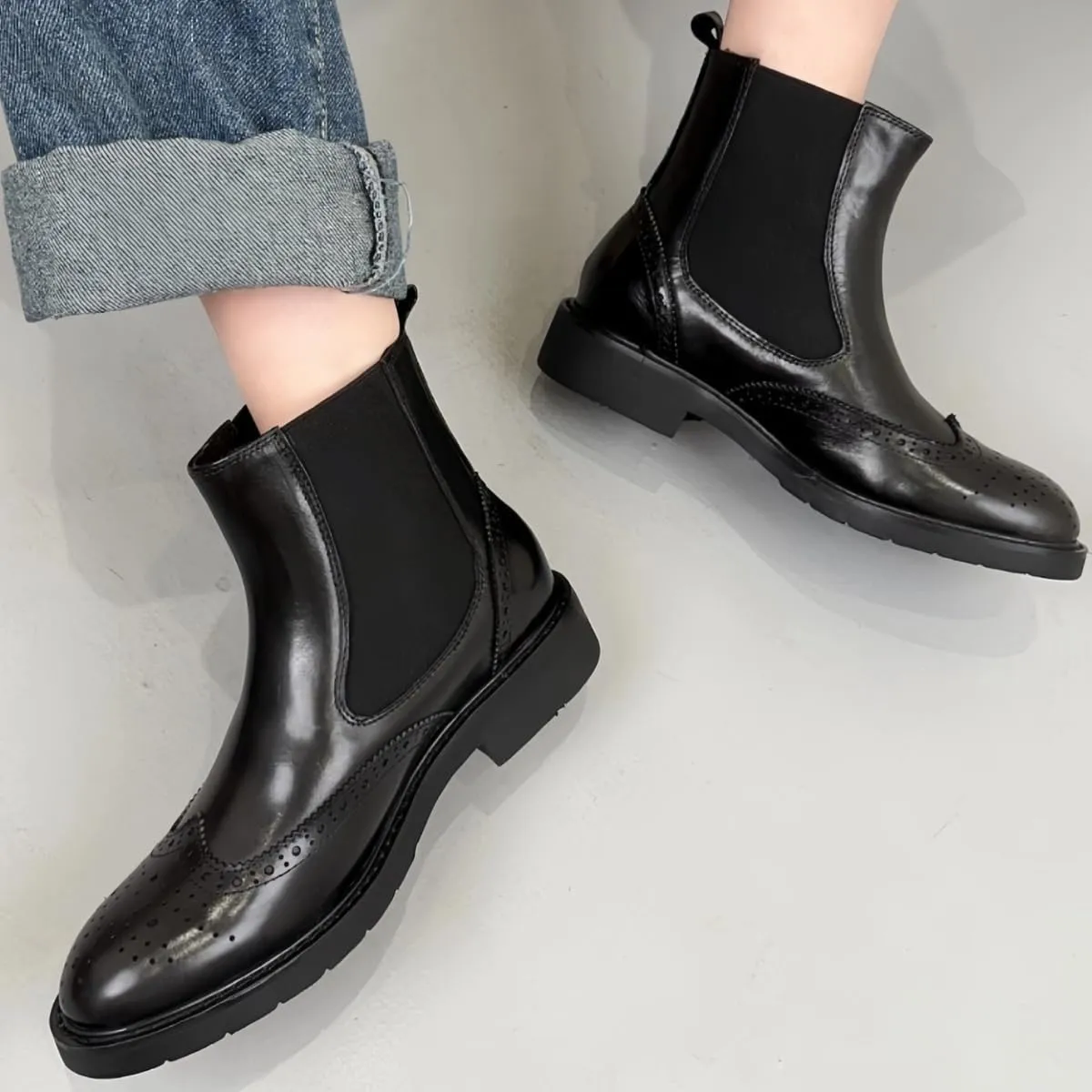 Retro Chelsea Ankle Boots for Women Genuine Leather Brogue Shoes with Elastic Bands Chunky Block Heel & Rounded Toe