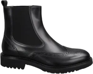 Retro Chelsea Ankle Boots for Women Genuine Leather Brogue Shoes with Elastic Bands Chunky Block Heel & Rounded Toe