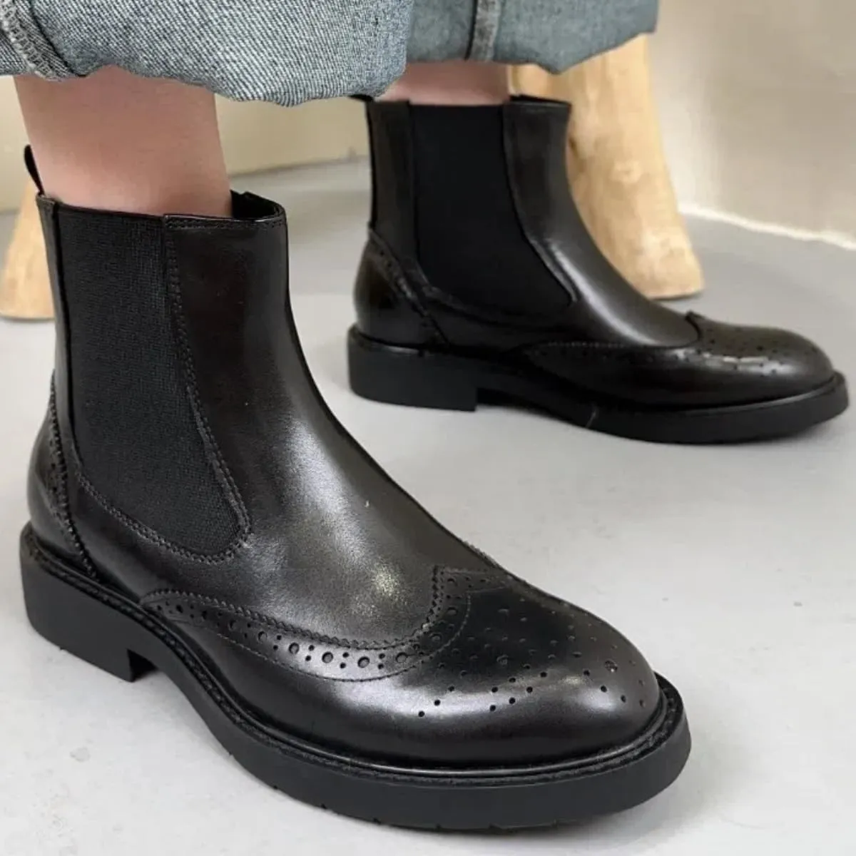 Retro Chelsea Ankle Boots for Women Genuine Leather Brogue Shoes with Elastic Bands Chunky Block Heel & Rounded Toe