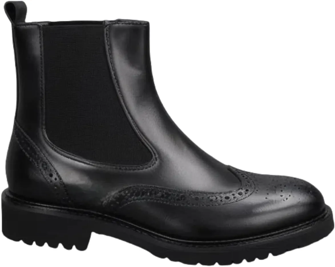 Retro Chelsea Ankle Boots for Women Genuine Leather Brogue Shoes with Elastic Bands Chunky Block Heel & Rounded Toe