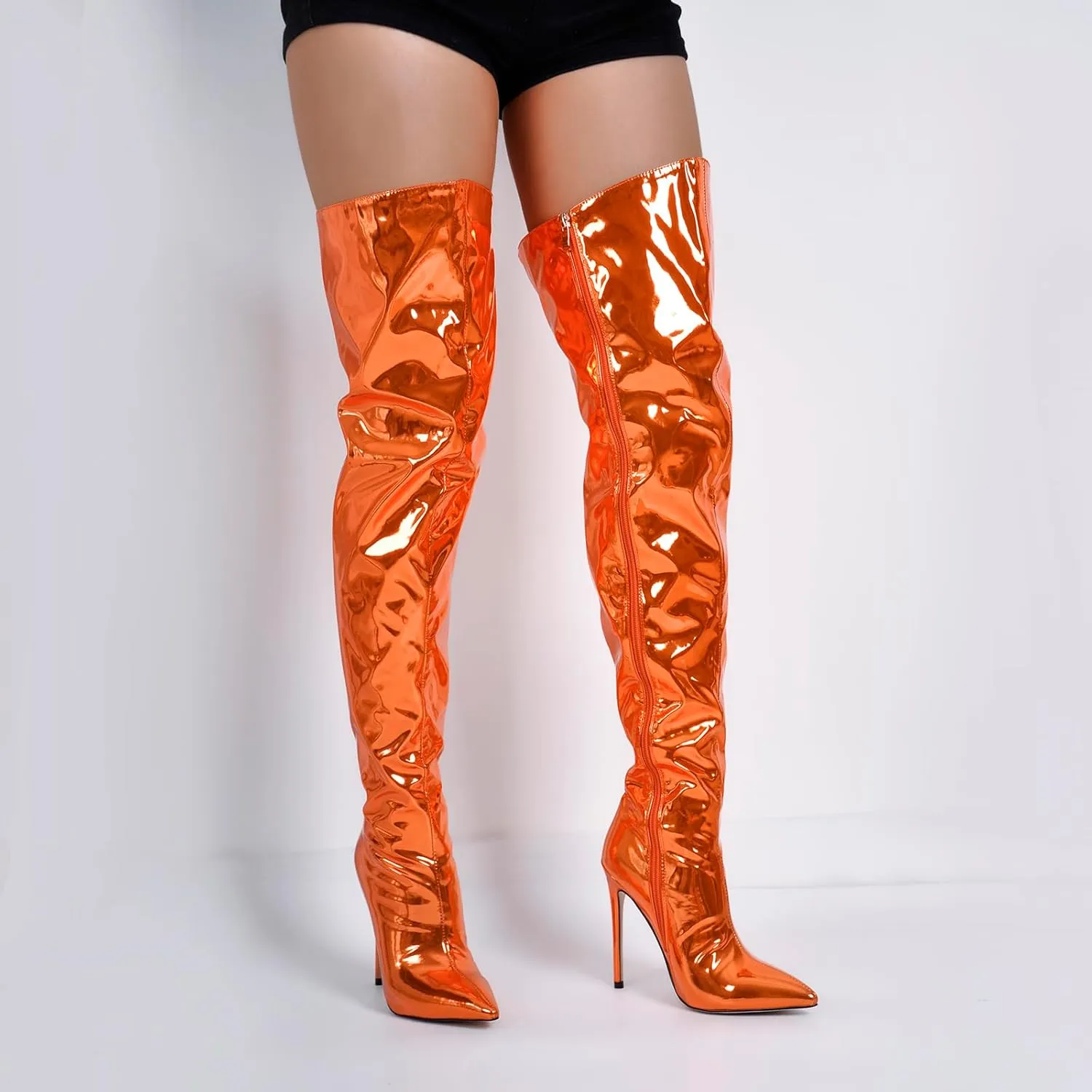 richealnini Metallic Thigh High Boots with Side Zipper Sexy Closed Pointed Toe Stiletto Heels Biker Motorcycle Boots Wedding Party Dress