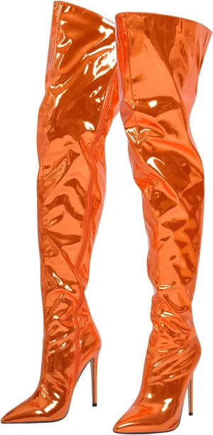 richealnini Metallic Thigh High Boots with Side Zipper Sexy Closed Pointed Toe Stiletto Heels Biker Motorcycle Boots Wedding Party Dress