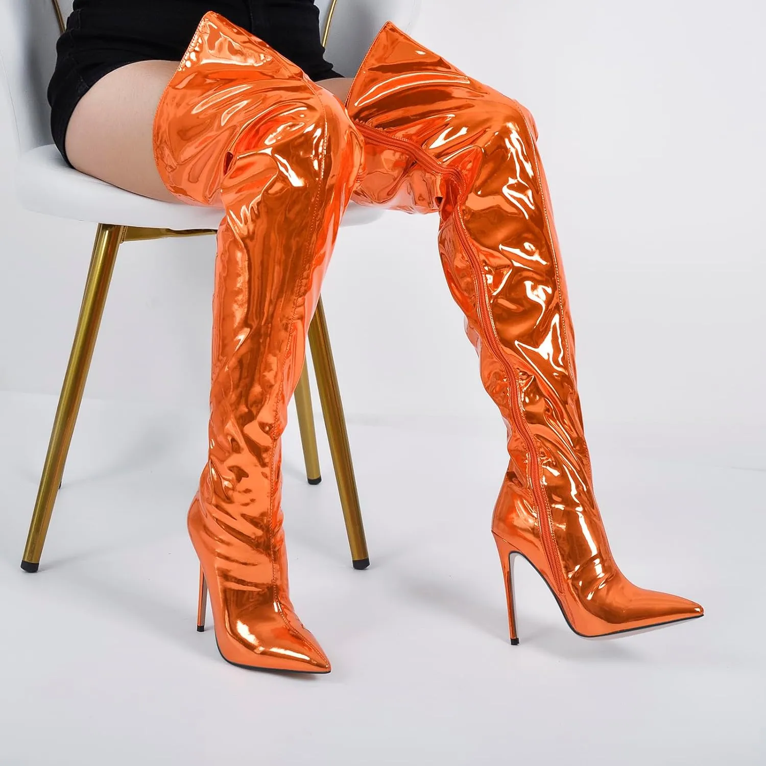 richealnini Metallic Thigh High Boots with Side Zipper Sexy Closed Pointed Toe Stiletto Heels Biker Motorcycle Boots Wedding Party Dress