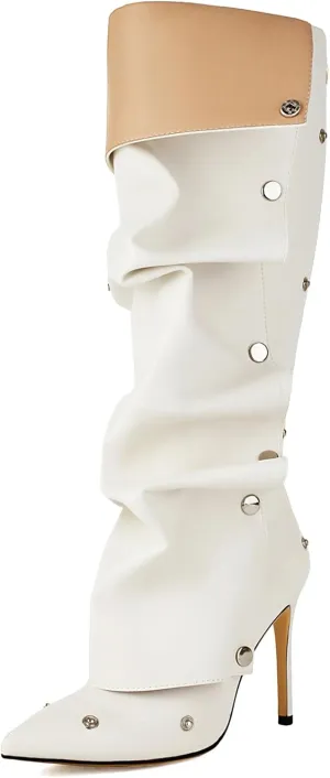 Roimaash Fancy Dressy Motorcycle Boots Stiletto Heels Zipper Knee High Boots