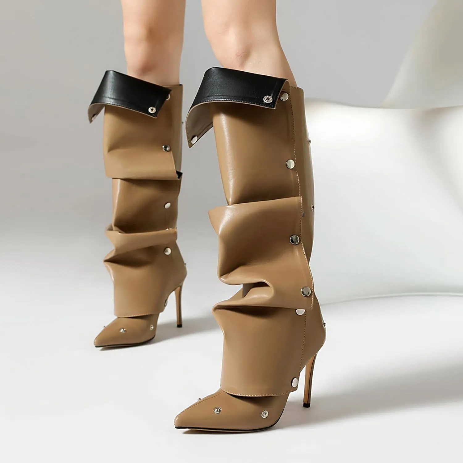 Roimaash Fancy Dressy Motorcycle Boots Stiletto Heels Zipper Knee High Boots