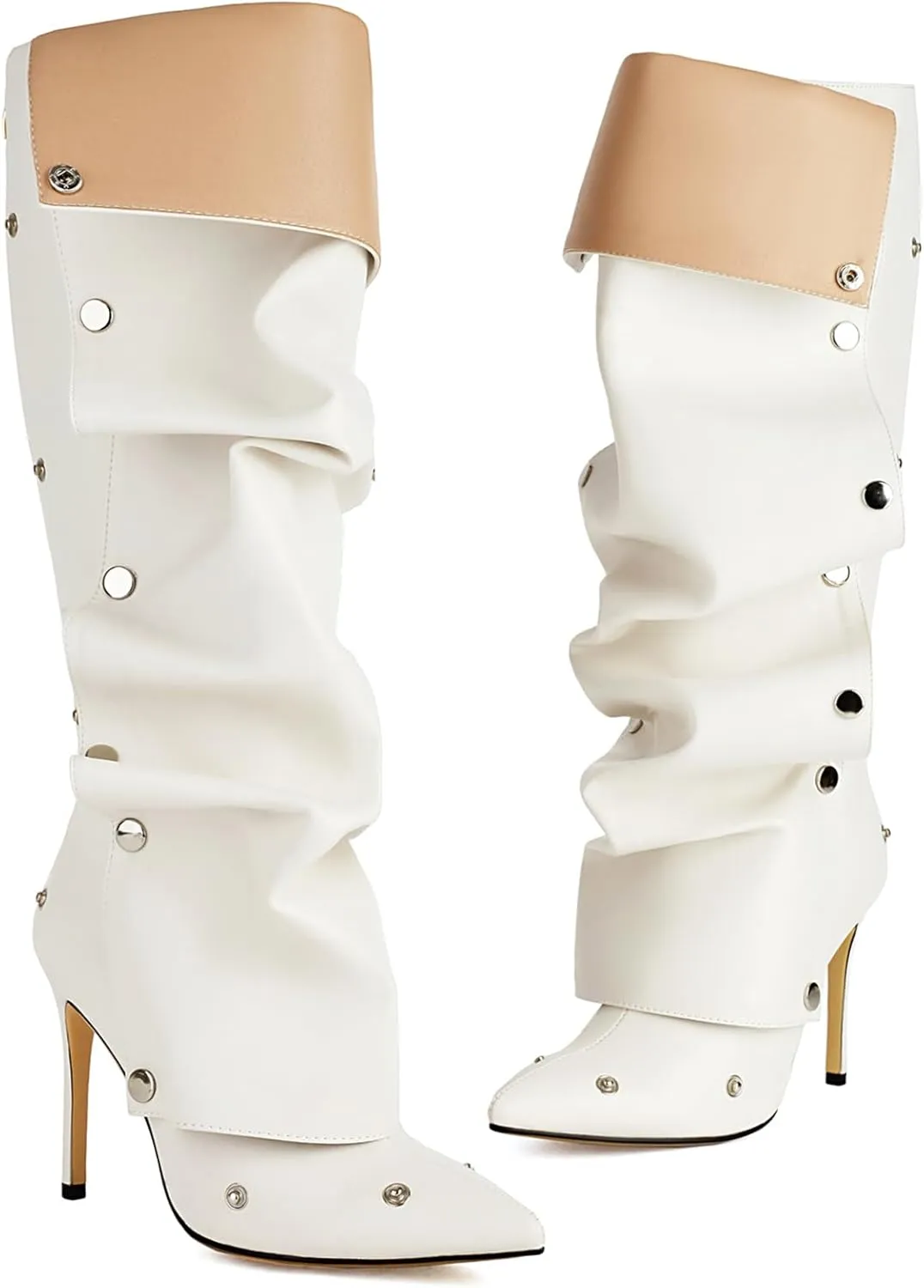 Roimaash Fancy Dressy Motorcycle Boots Stiletto Heels Zipper Knee High Boots