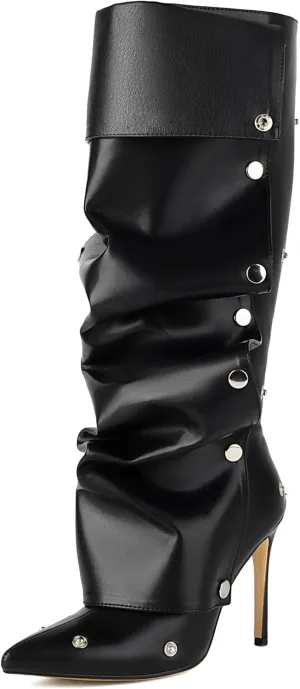 Roimaash Fancy Dressy Motorcycle Boots Stiletto Heels Zipper Knee High Boots