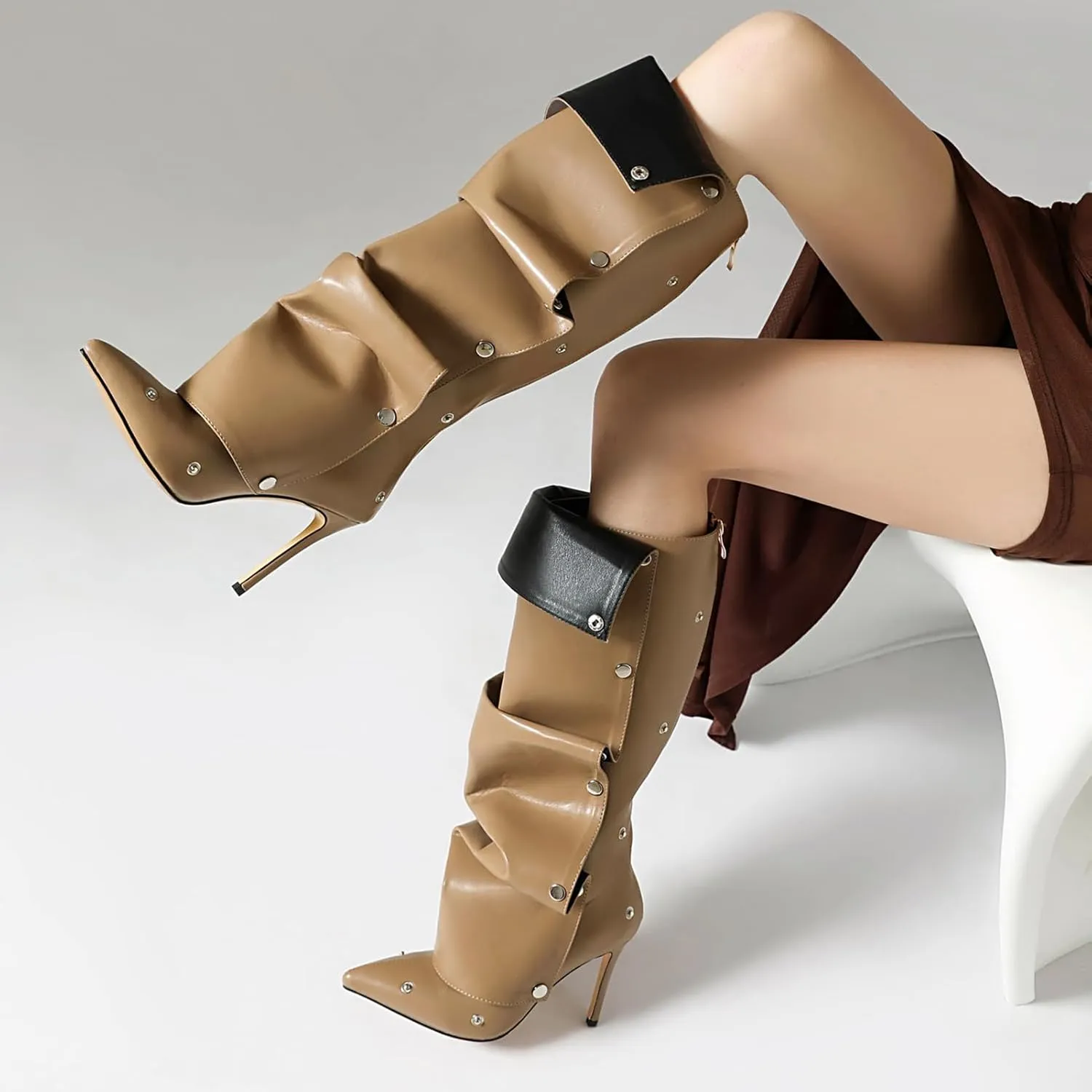 Roimaash Fancy Dressy Motorcycle Boots Stiletto Heels Zipper Knee High Boots
