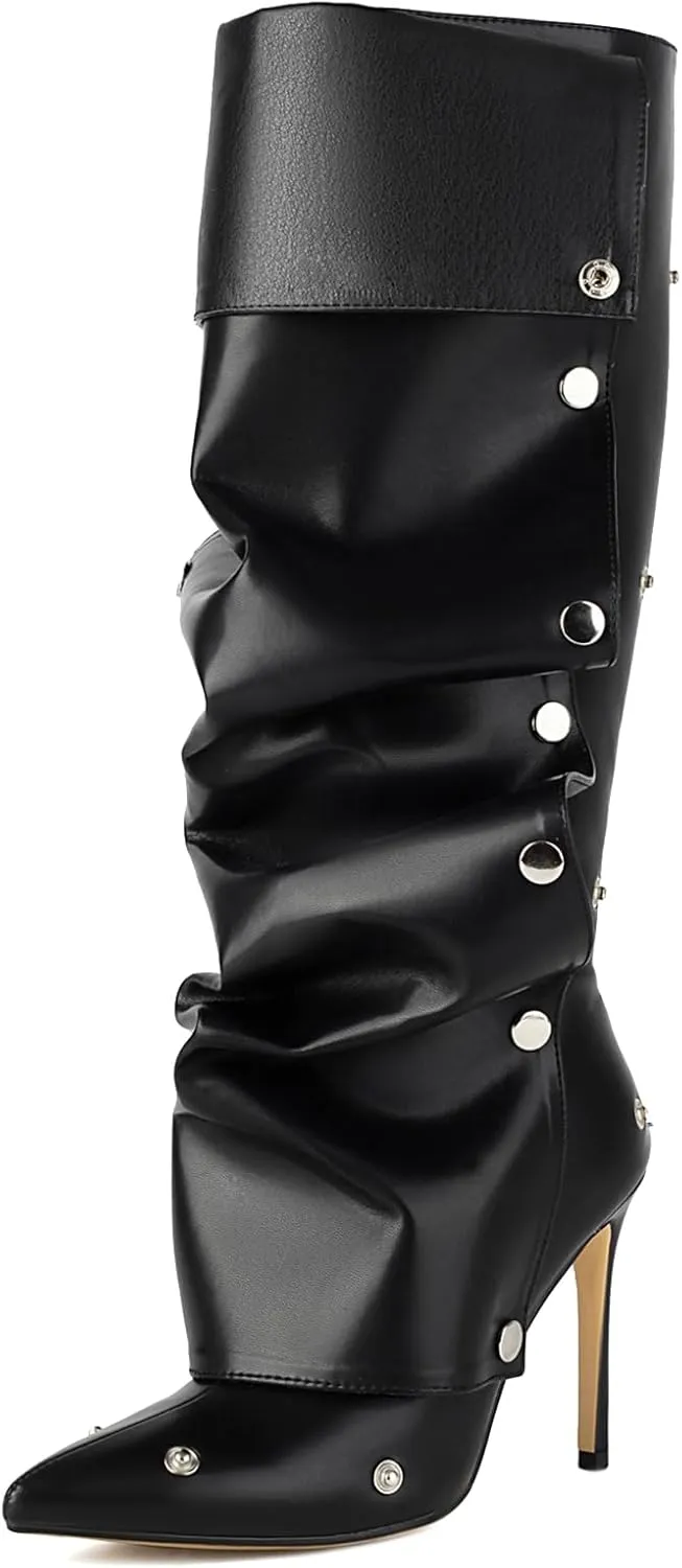 Roimaash Fancy Dressy Motorcycle Boots Stiletto Heels Zipper Knee High Boots