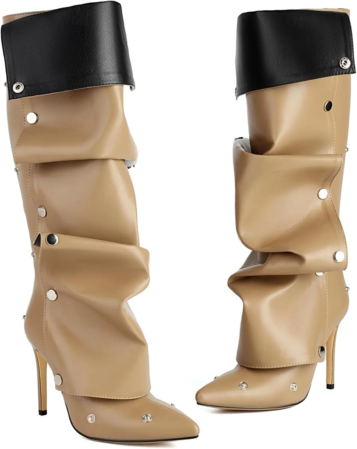 Roimaash Fancy Dressy Motorcycle Boots Stiletto Heels Zipper Knee High Boots