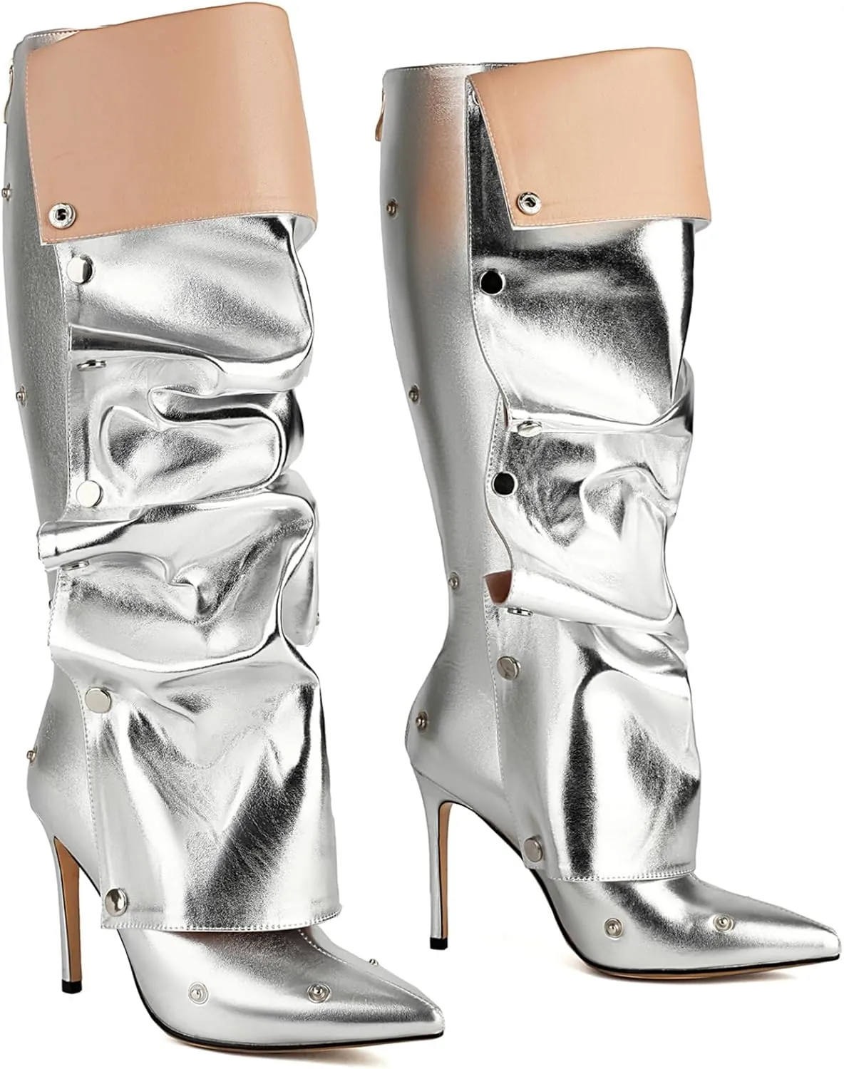 Roimaash Fancy Dressy Motorcycle Boots Stiletto Heels Zipper Knee High Boots