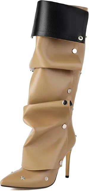 Roimaash Fancy Dressy Motorcycle Boots Stiletto Heels Zipper Knee High Boots