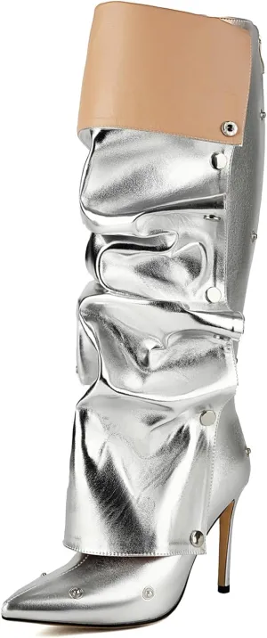 Roimaash Fancy Dressy Motorcycle Boots Stiletto Heels Zipper Knee High Boots