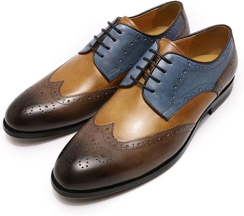 Single Season Oxford Dress Shoes for Men Lace Up Derby Shoes Brogue Embossed Wing-tip Round Toe Cowhide Rubber Sole Slip Resistant Low Top Non Slip Anti-Slip Very Popular Among Young peop