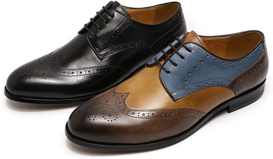 Single Season Oxford Dress Shoes for Men Lace Up Derby Shoes Brogue Embossed Wing-tip Round Toe Cowhide Rubber Sole Slip Resistant Low Top Non Slip Anti-Slip Very Popular Among Young peop