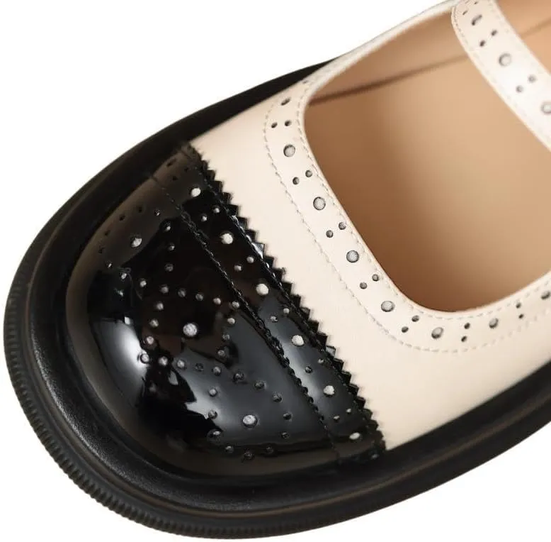 TinaCus Women's Genuine Leather Handmade Round Toe Brogue Shoes Chunky Heel Mary Jane Shoes