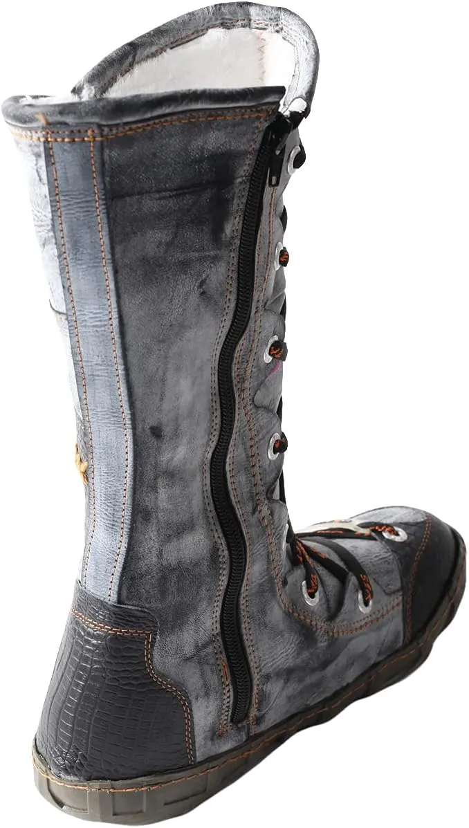 TMA EYES Long Washed Contrast-Stitch Lace Eyes Side Zipper Women's Boots