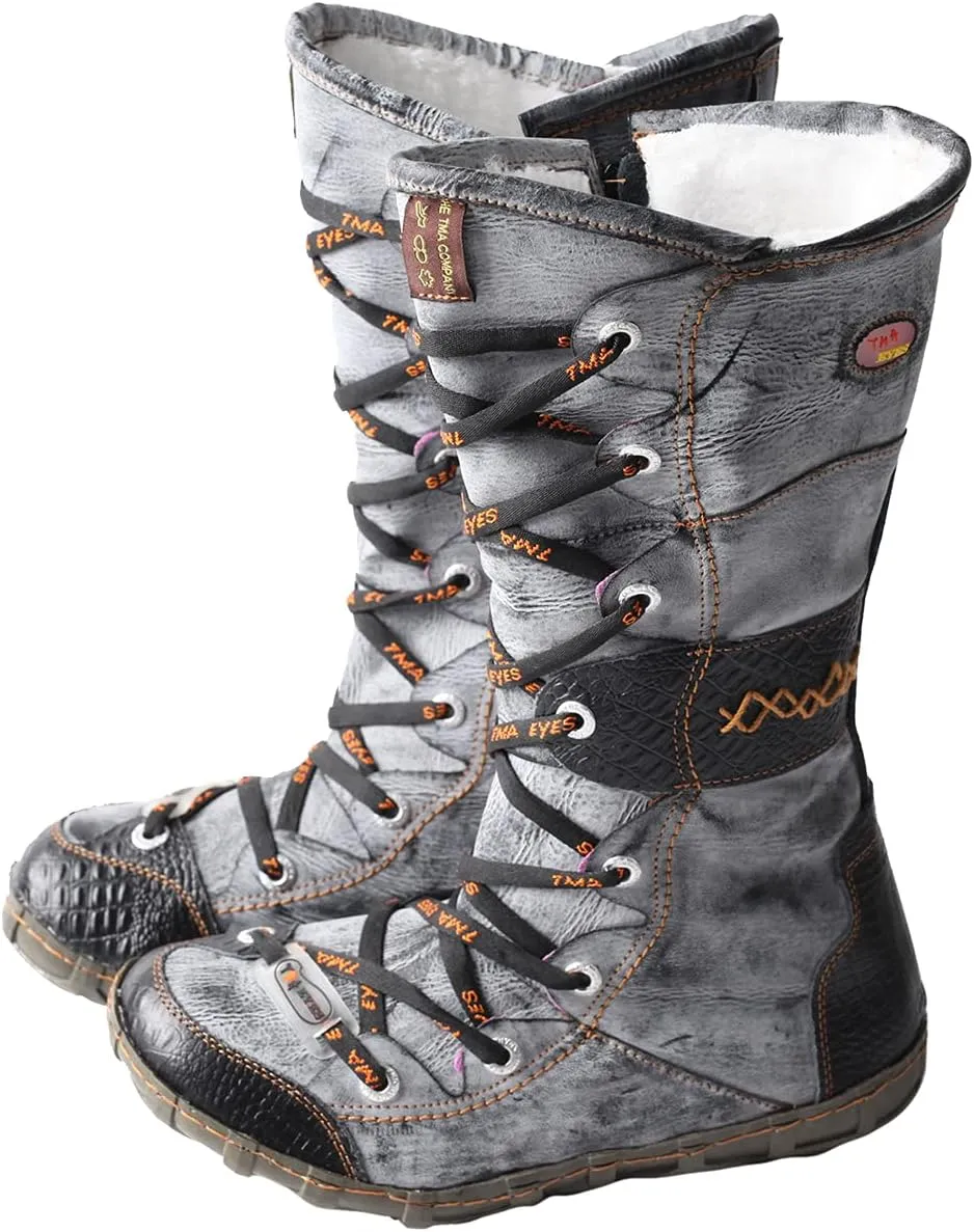 TMA EYES Long Washed Contrast-Stitch Lace Eyes Side Zipper Women's Boots