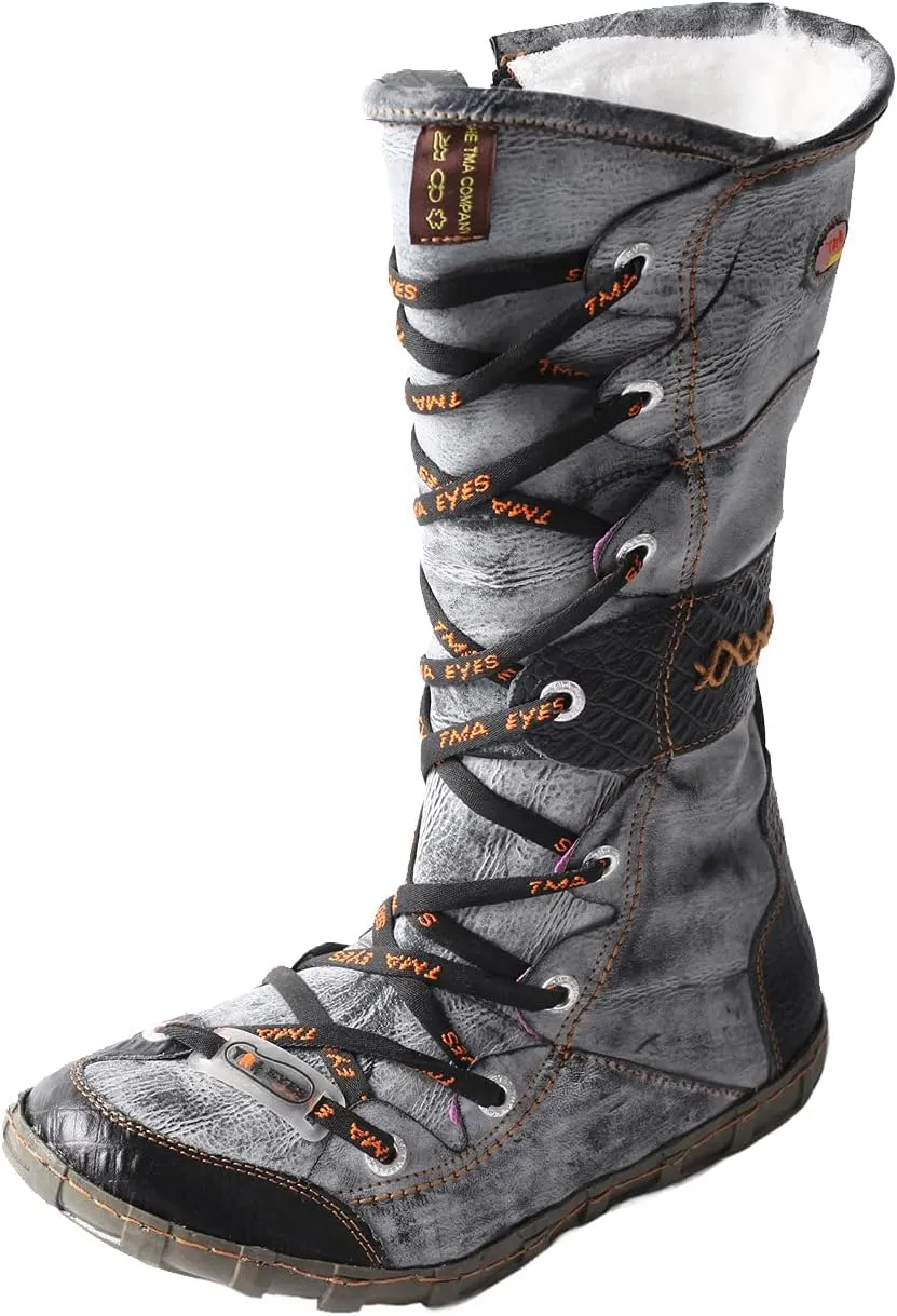 TMA EYES Long Washed Contrast-Stitch Lace Eyes Side Zipper Women's Boots