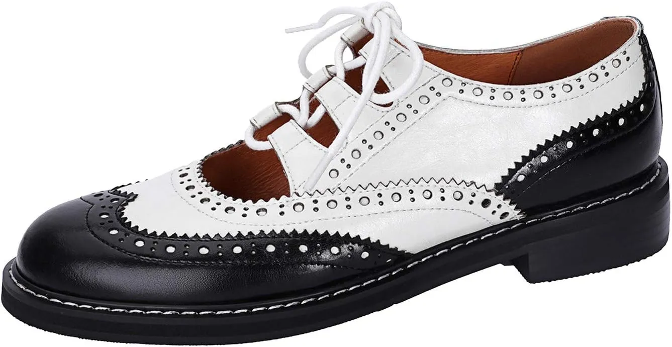 U-lite Women's Lace-up Wingtip Perforated Leather Oxfords Vintage Closed Toe Brogue Shoes