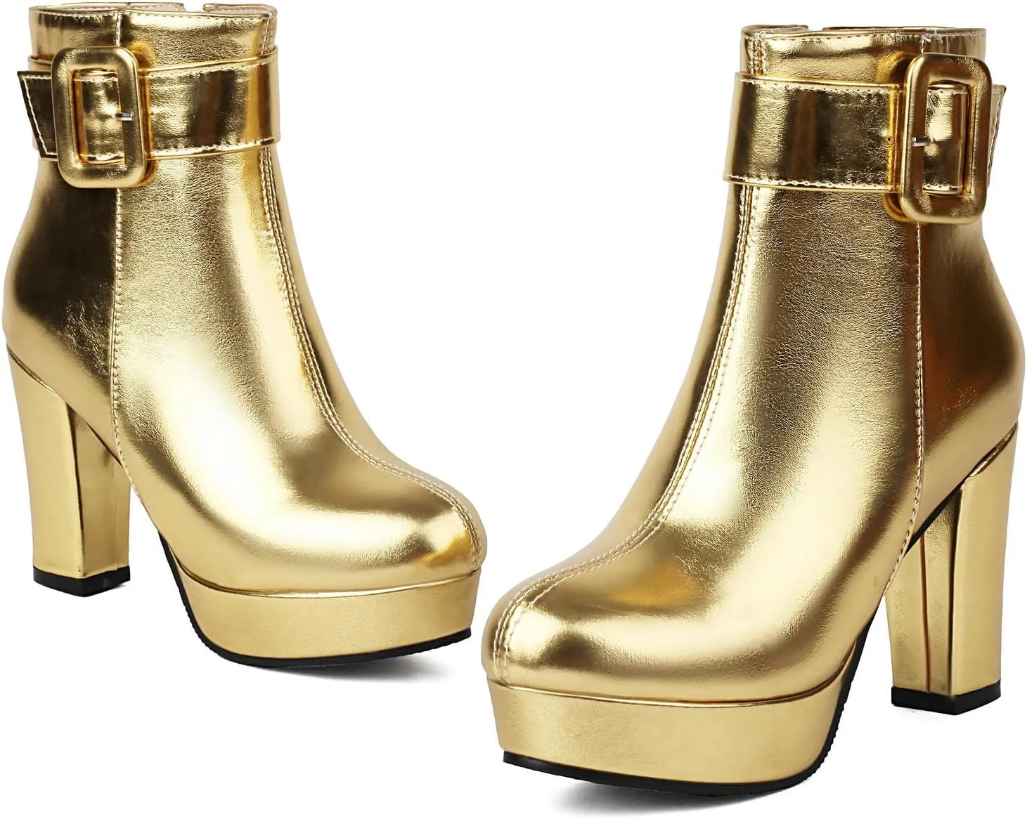 Uniquelly Women's Platform Ankle Boots Metallic High Chunky Stacked Heel Booties Elegant Buckle Strap Zipper Round Toe Short Boots Winter Shoes