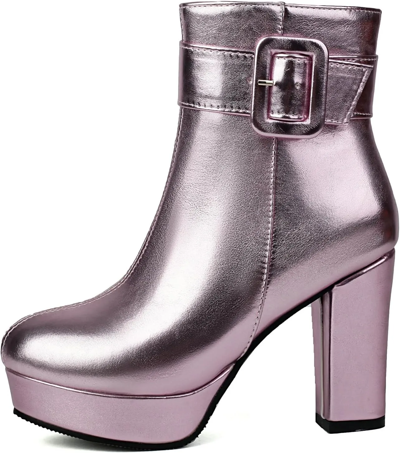 Uniquelly Women's Platform Ankle Boots Metallic High Chunky Stacked Heel Booties Elegant Buckle Strap Zipper Round Toe Short Boots Winter Shoes