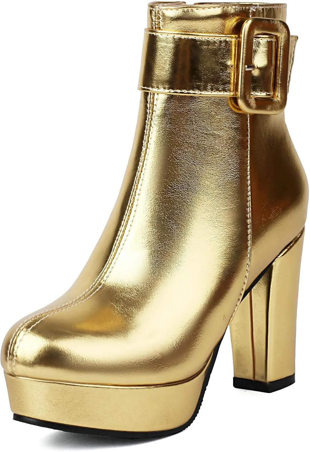 Uniquelly Women's Platform Ankle Boots Metallic High Chunky Stacked Heel Booties Elegant Buckle Strap Zipper Round Toe Short Boots Winter Shoes