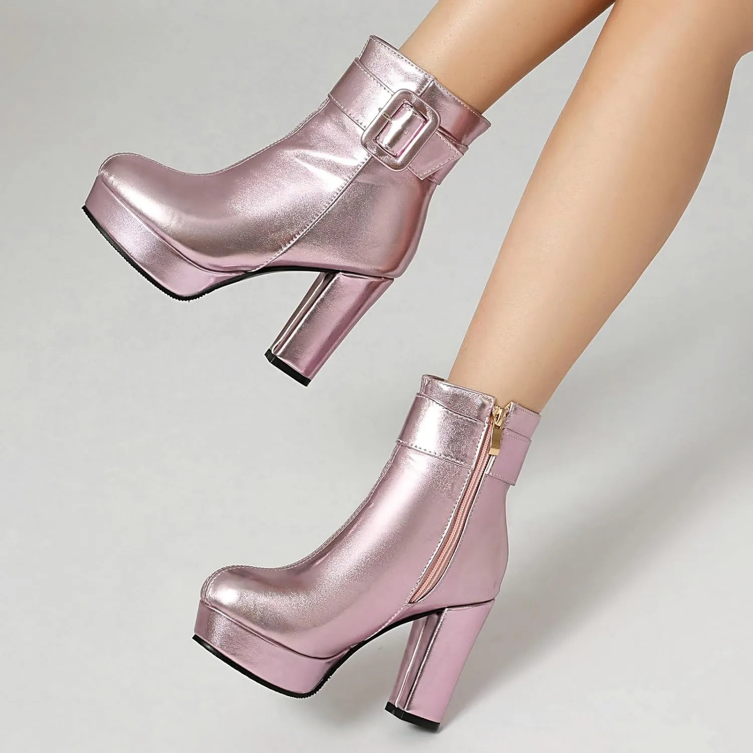 Uniquelly Women's Platform Ankle Boots Metallic High Chunky Stacked Heel Booties Elegant Buckle Strap Zipper Round Toe Short Boots Winter Shoes