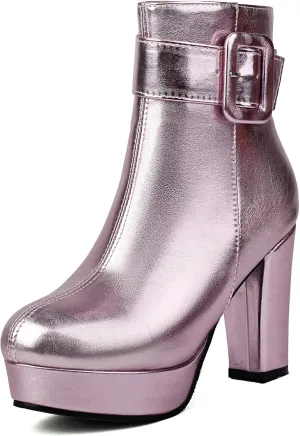 Uniquelly Women's Platform Ankle Boots Metallic High Chunky Stacked Heel Booties Elegant Buckle Strap Zipper Round Toe Short Boots Winter Shoes
