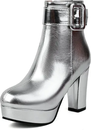 Uniquelly Women's Platform Ankle Boots Metallic High Chunky Stacked Heel Booties Elegant Buckle Strap Zipper Round Toe Short Boots Winter Shoes