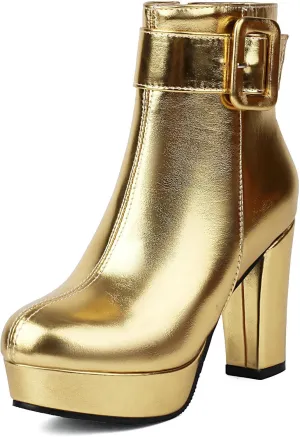 Uniquelly Women's Platform Ankle Boots Metallic High Chunky Stacked Heel Booties Elegant Buckle Strap Zipper Round Toe Short Boots Winter Shoes