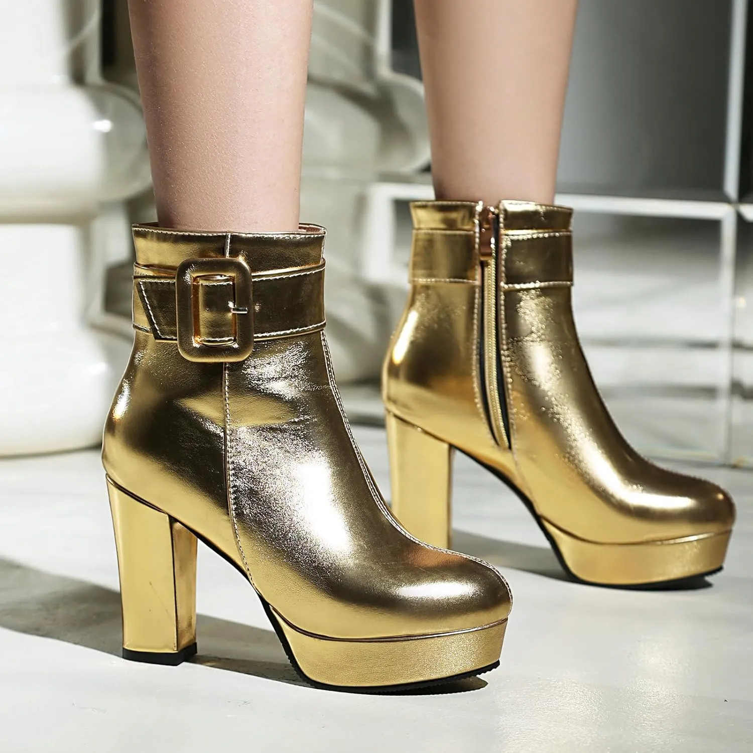 Uniquelly Women's Platform Ankle Boots Metallic High Chunky Stacked Heel Booties Elegant Buckle Strap Zipper Round Toe Short Boots Winter Shoes