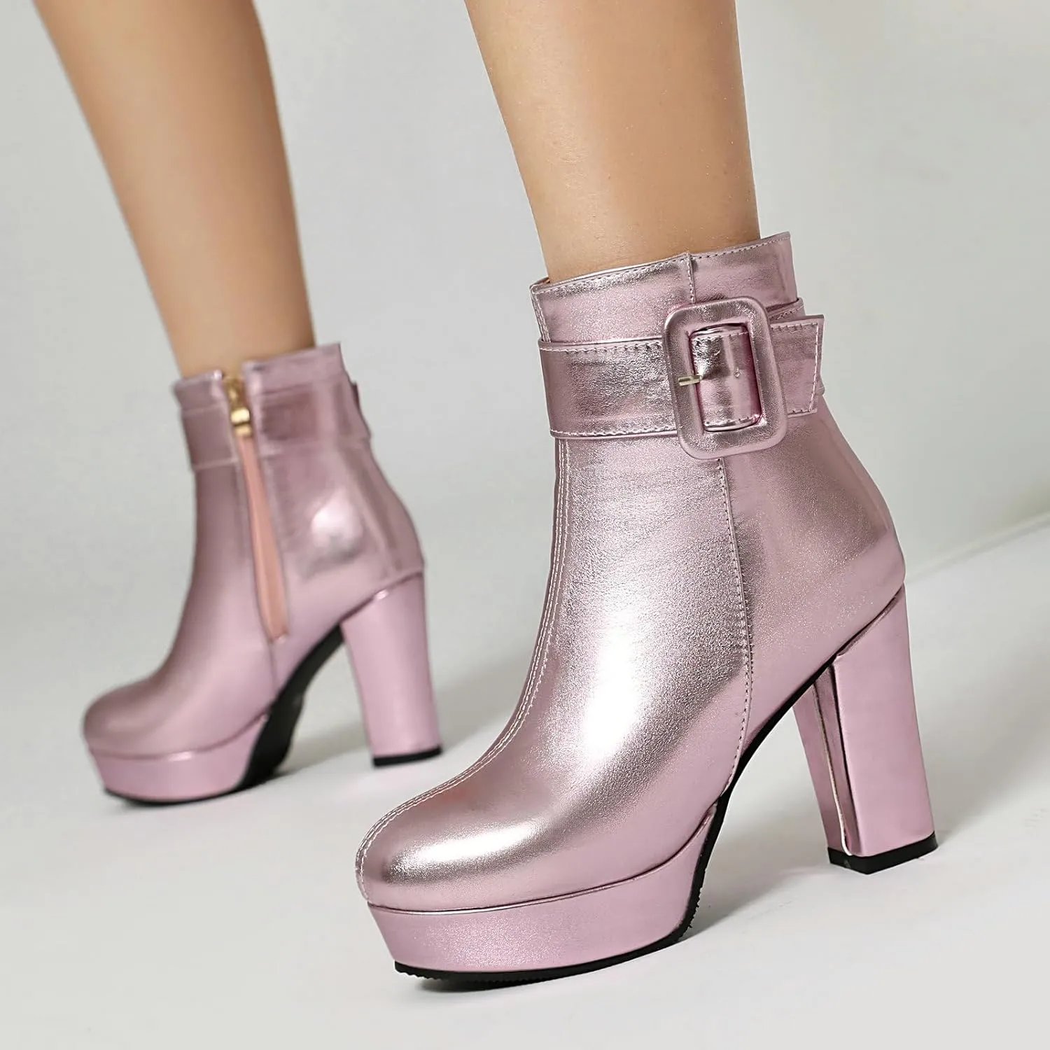 Uniquelly Women's Platform Ankle Boots Metallic High Chunky Stacked Heel Booties Elegant Buckle Strap Zipper Round Toe Short Boots Winter Shoes