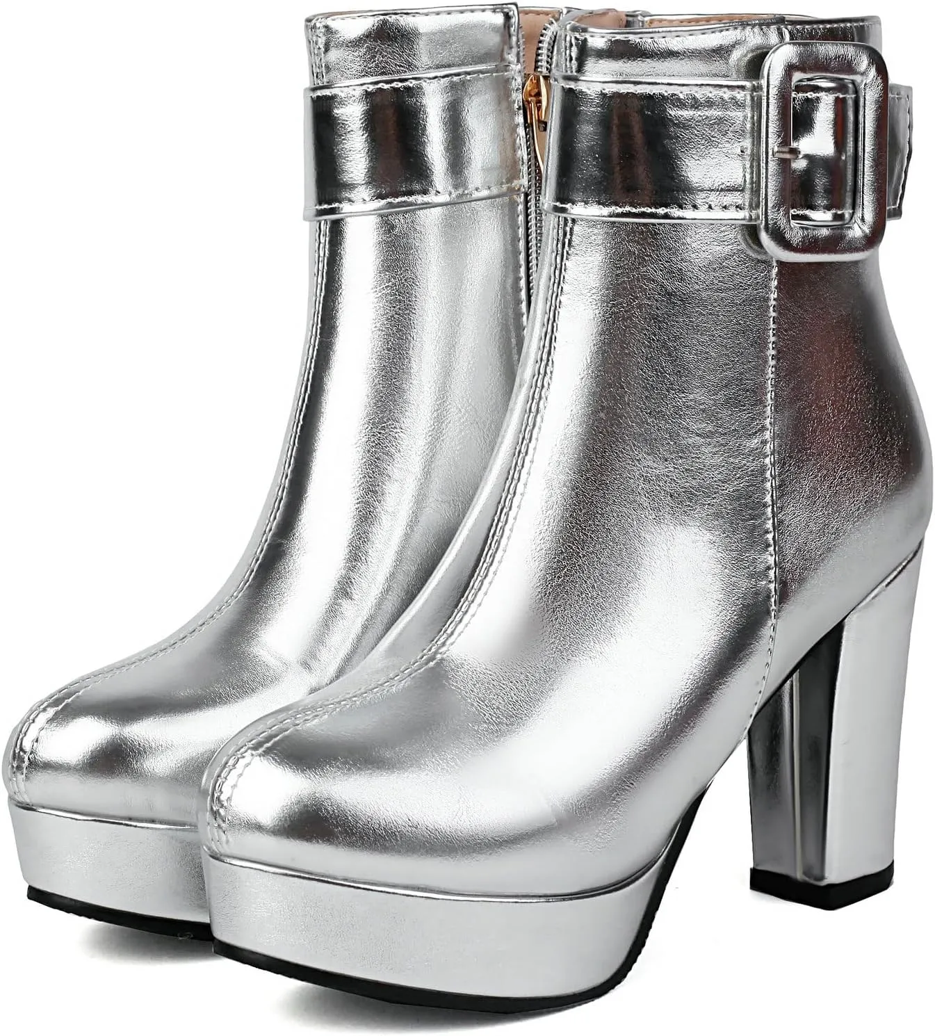 Uniquelly Women's Platform Ankle Boots Metallic High Chunky Stacked Heel Booties Elegant Buckle Strap Zipper Round Toe Short Boots Winter Shoes