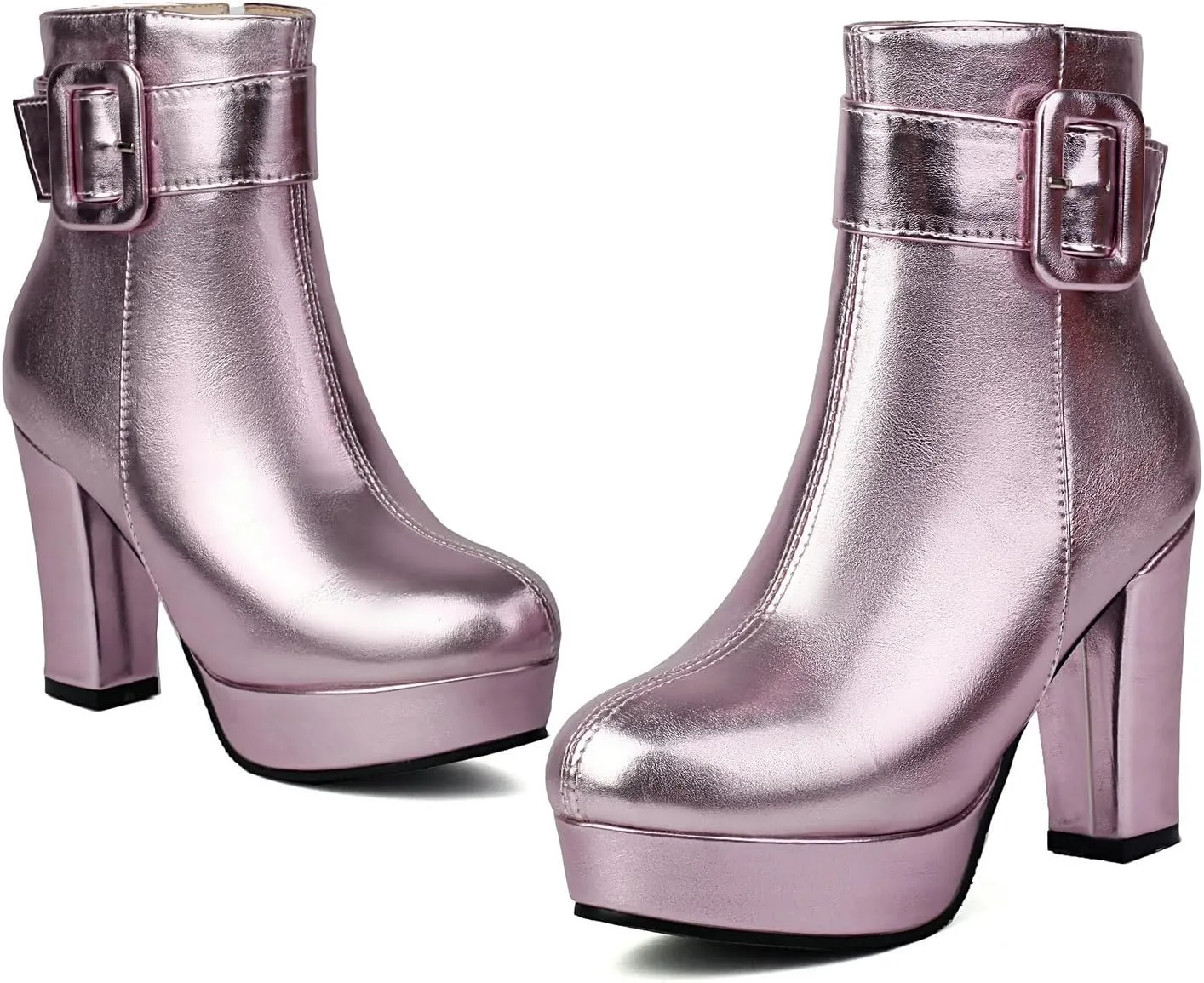 Uniquelly Women's Platform Ankle Boots Metallic High Chunky Stacked Heel Booties Elegant Buckle Strap Zipper Round Toe Short Boots Winter Shoes
