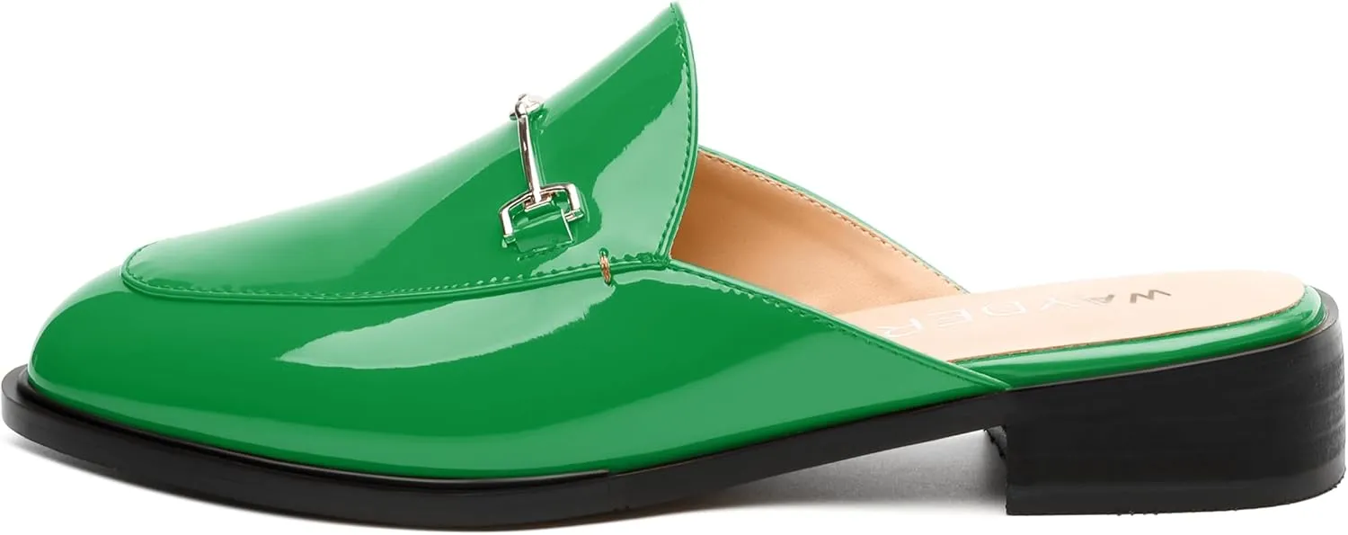 WAYDERNS Mules for Women Slides Loafer Shoes with Low Block Heel Round Closed Toe Comfortable Casual Patent Slip on Backless Loafers Work Business Office Shopping Buckle Mules