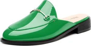 WAYDERNS Mules for Women Slides Loafer Shoes with Low Block Heel Round Closed Toe Comfortable Casual Patent Slip on Backless Loafers Work Business Office Shopping Buckle Mules
