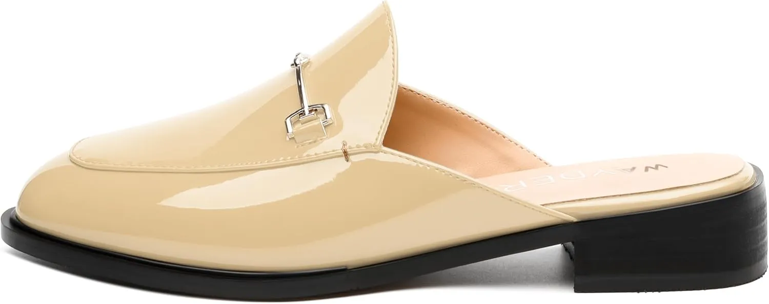 WAYDERNS Mules for Women Slides Loafer Shoes with Low Block Heel Round Closed Toe Comfortable Casual Patent Slip on Backless Loafers Work Business Office Shopping Buckle Mules