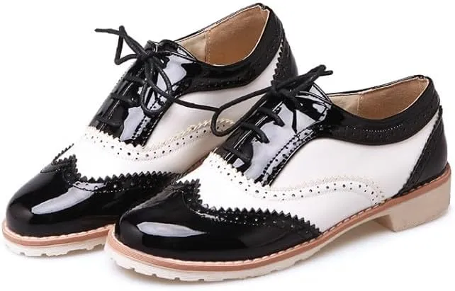 Women British Brogue Shoes Round Toe Low Block Heels Color Block