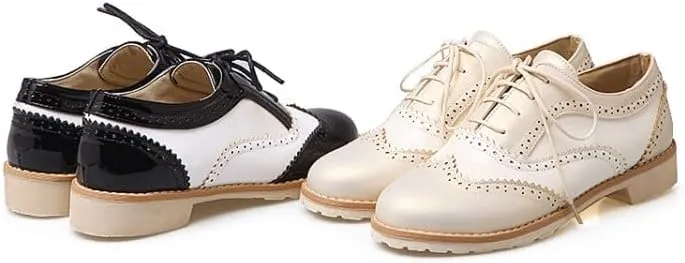 Women British Brogue Shoes Round Toe Low Block Heels Color Block