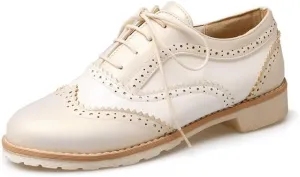 Women British Brogue Shoes Round Toe Low Block Heels Color Block