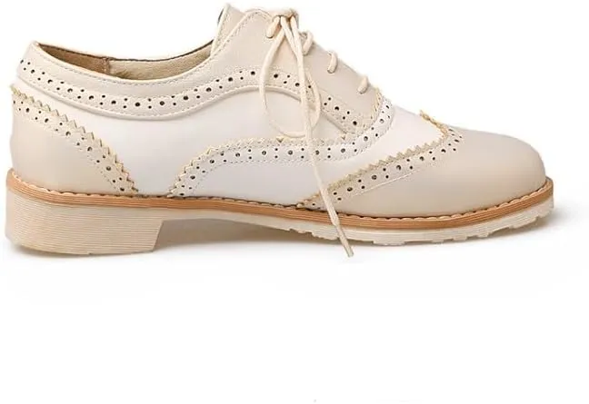 Women British Brogue Shoes Round Toe Low Block Heels Color Block
