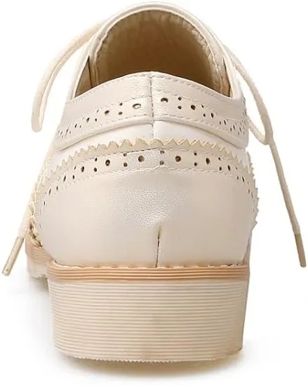 Women British Brogue Shoes Round Toe Low Block Heels Color Block