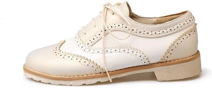 Women British Brogue Shoes Round Toe Low Block Heels Color Block