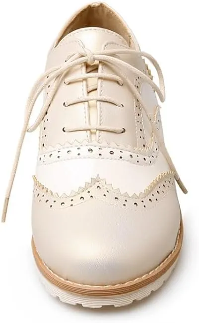 Women British Brogue Shoes Round Toe Low Block Heels Color Block