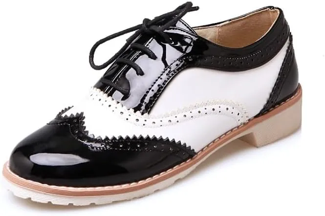Women British Brogue Shoes Round Toe Low Block Heels Color Block