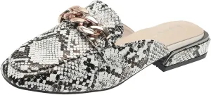 Women Closed Toe Flat Mules Backless Loafers Metal Chain Decor Printed Casual Slip On Slipper Shoes