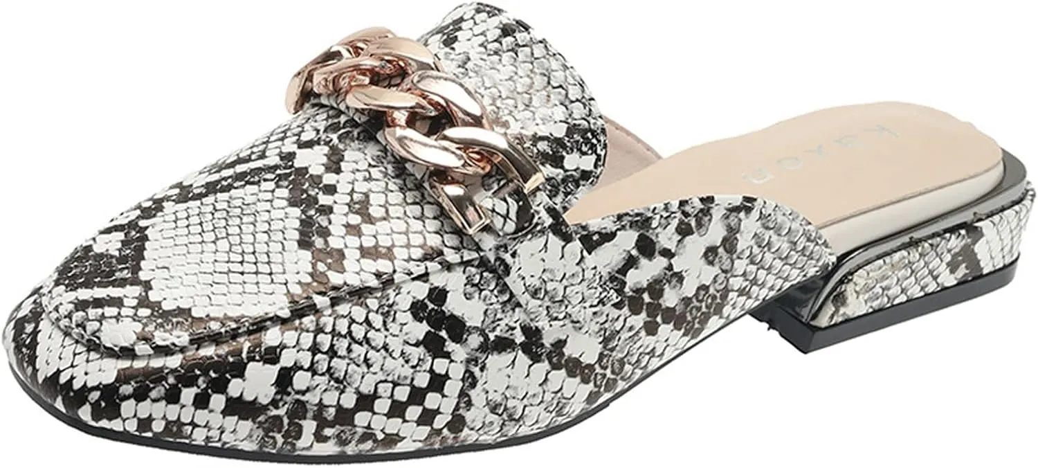 Women Closed Toe Flat Mules Backless Loafers Metal Chain Decor Printed Casual Slip On Slipper Shoes