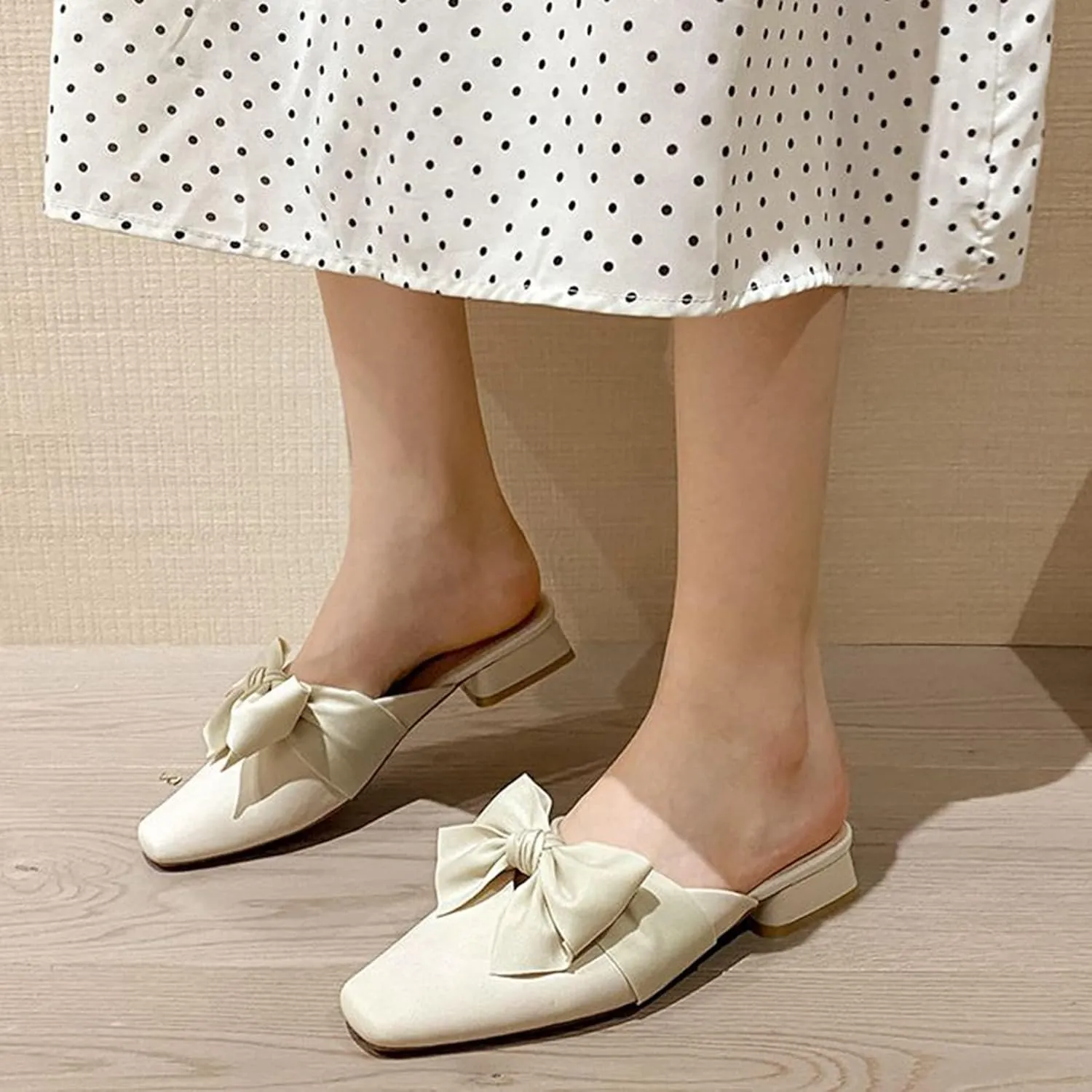 Women Fashion Bow Low Heel Mules Backless Slip On Square Toe Elegant Comfortable Loafers Dress Slippers