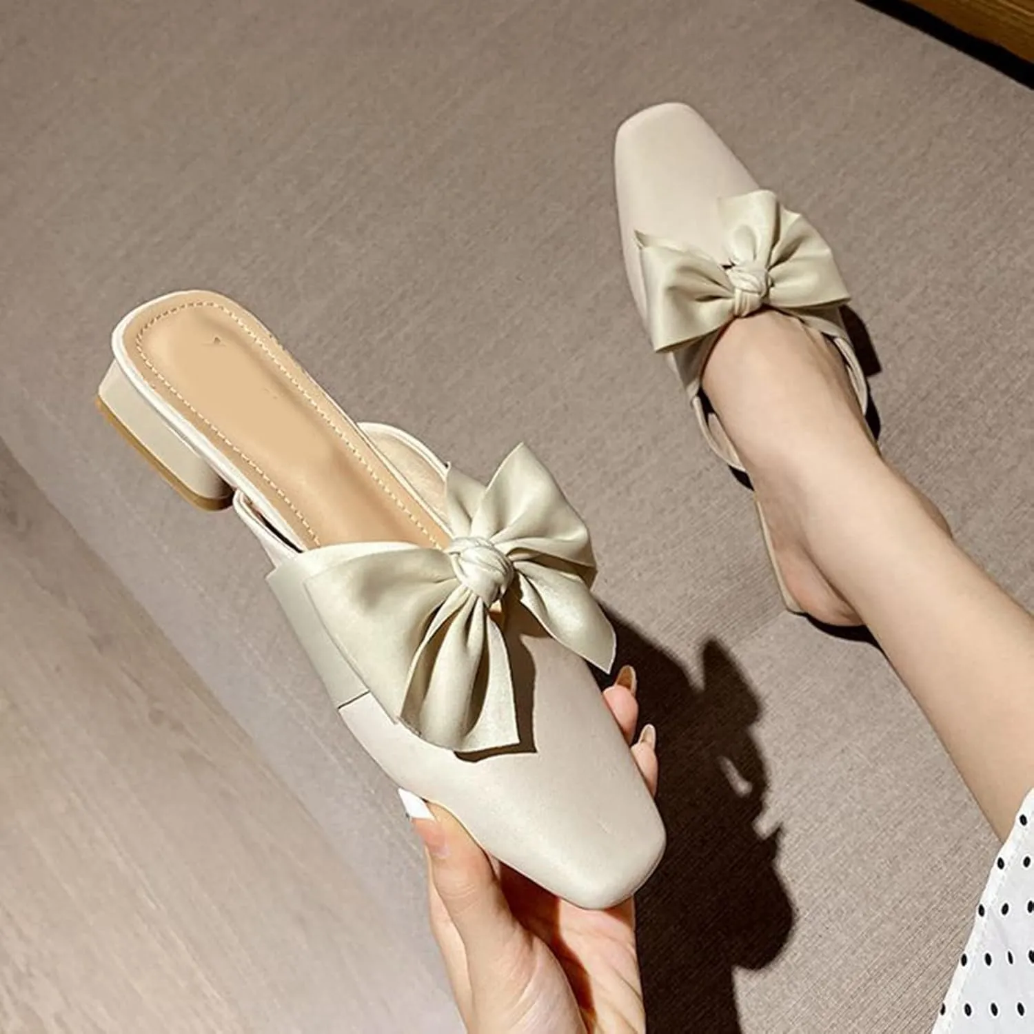 Women Fashion Bow Low Heel Mules Backless Slip On Square Toe Elegant Comfortable Loafers Dress Slippers